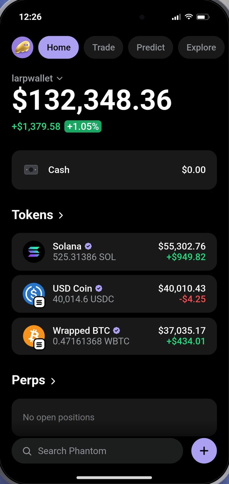 the larp wallet home screen, showing a portfolio balance